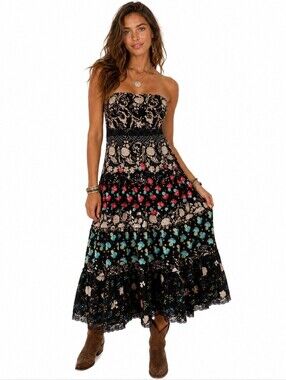 Spazio Ditsy Floral Strapless Tierd Dress Size 10 Boho Cottage Lace Trim